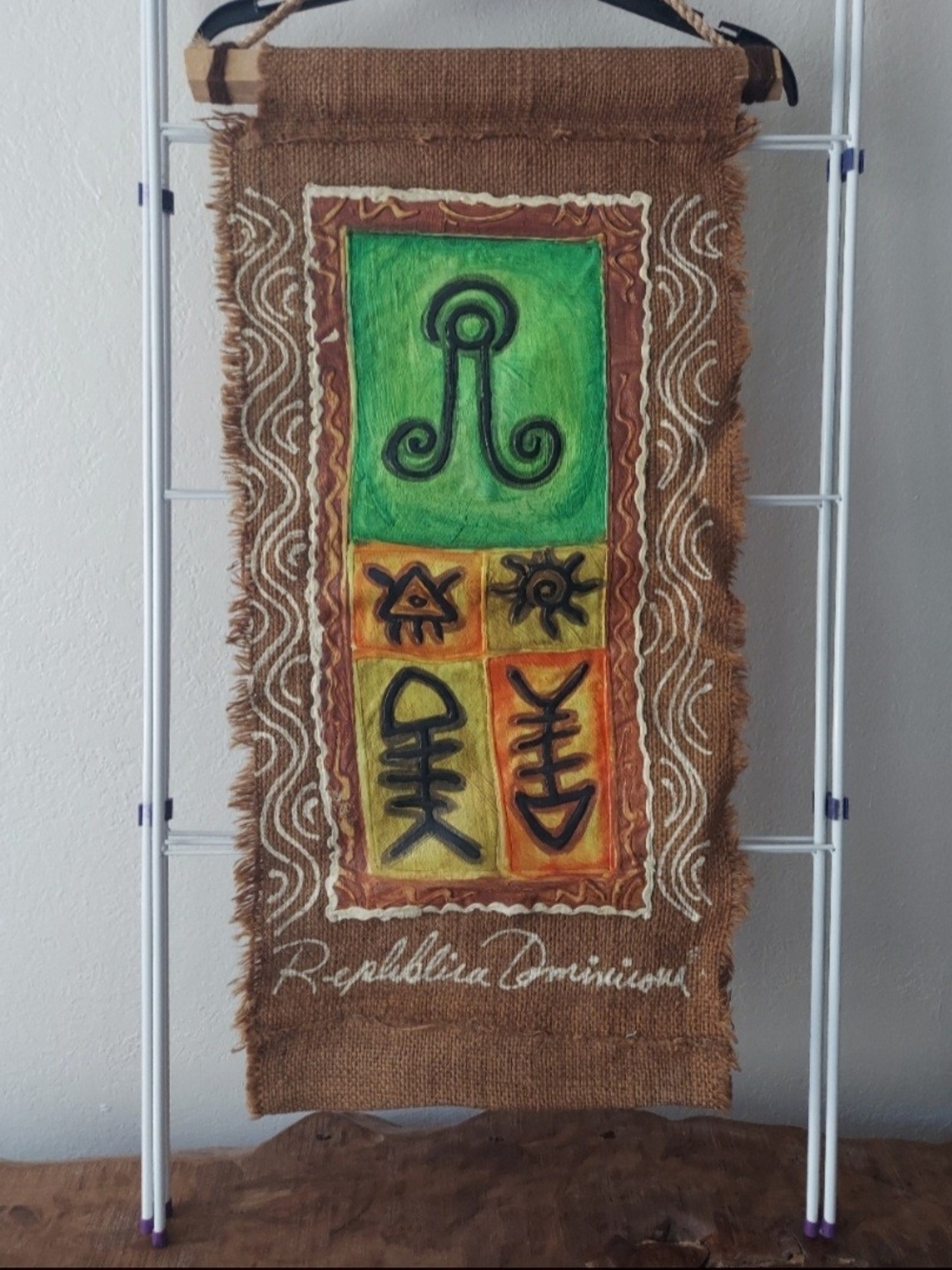 Handmade Dominican Republic Burlap Wall Hanging with Colorful Symbols